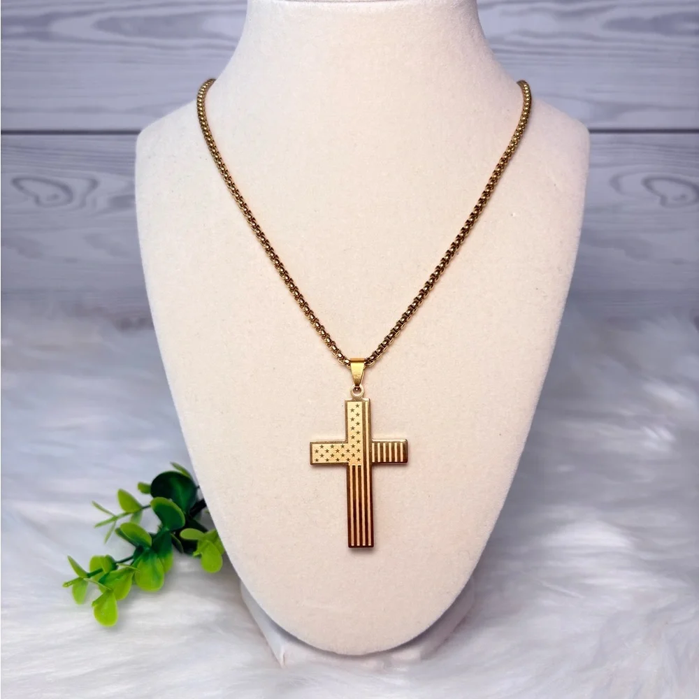 Gold Cross With American Flag‎ Necklace
